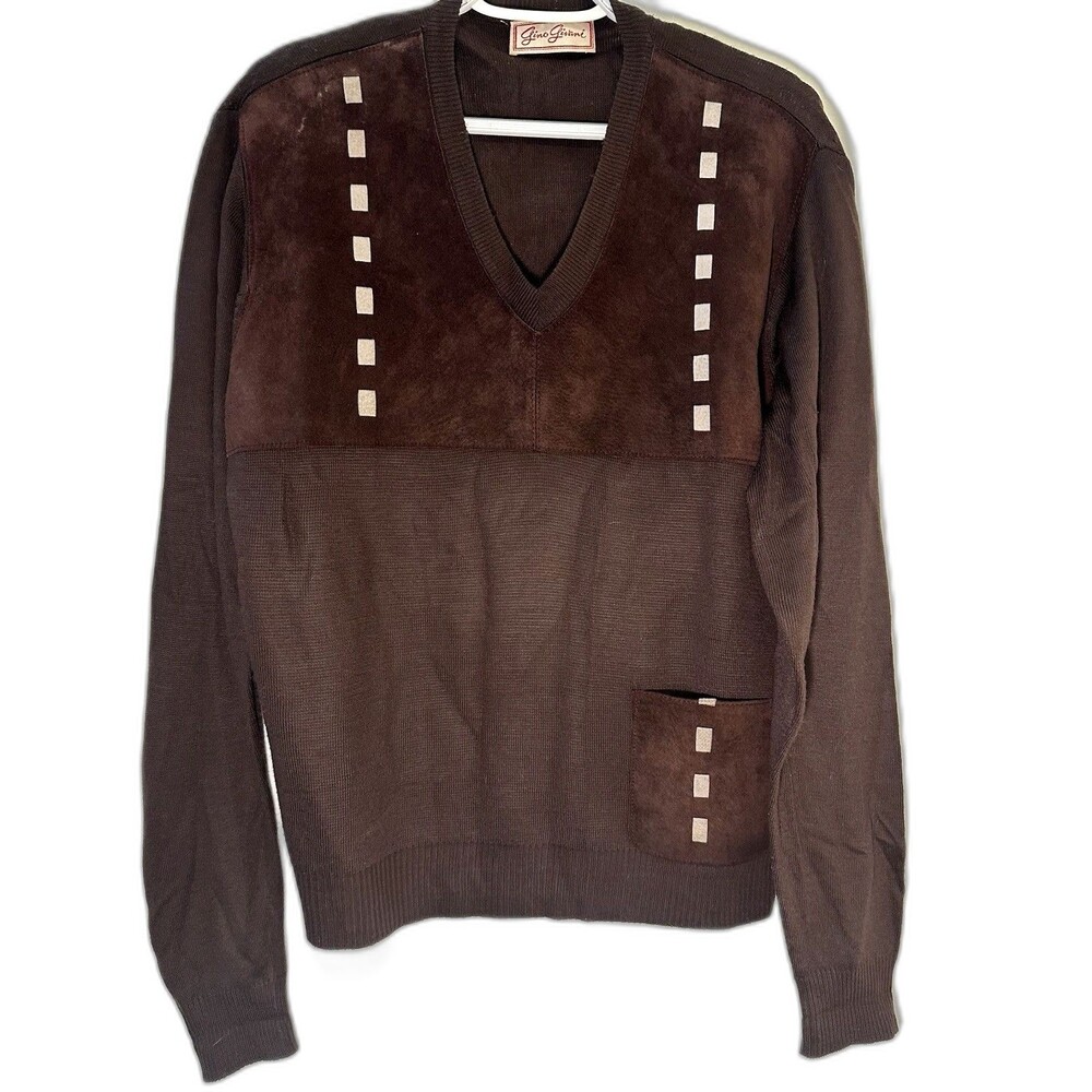 Vintage Gino Givani Men’s Small/Medium Brown V-Neck Suede Leather Panel Sweater